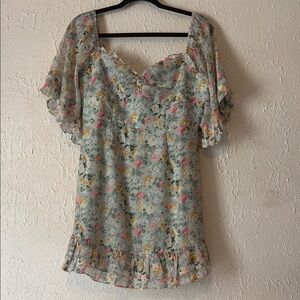 Hello Molly - Green Mini Dress With Pink and Yellow Florals - Size L